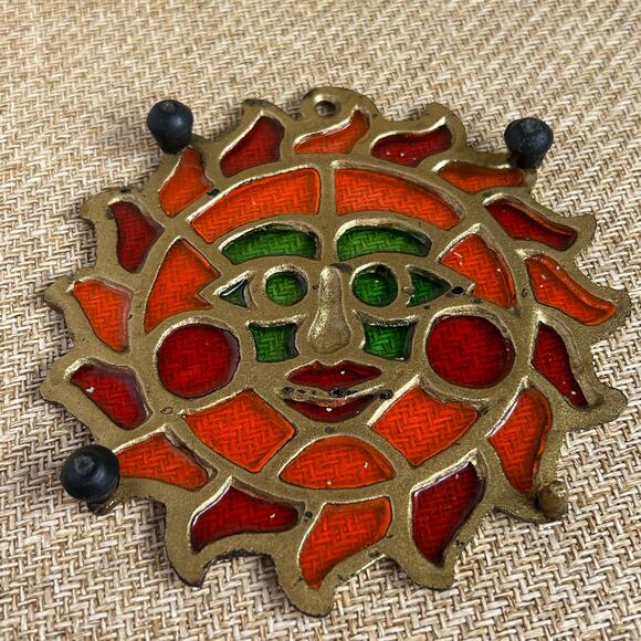 Vintage Sun Face Trivet Suncatcher Enamel Metal Boho Retro Kitchenware - Picture 2 of 7